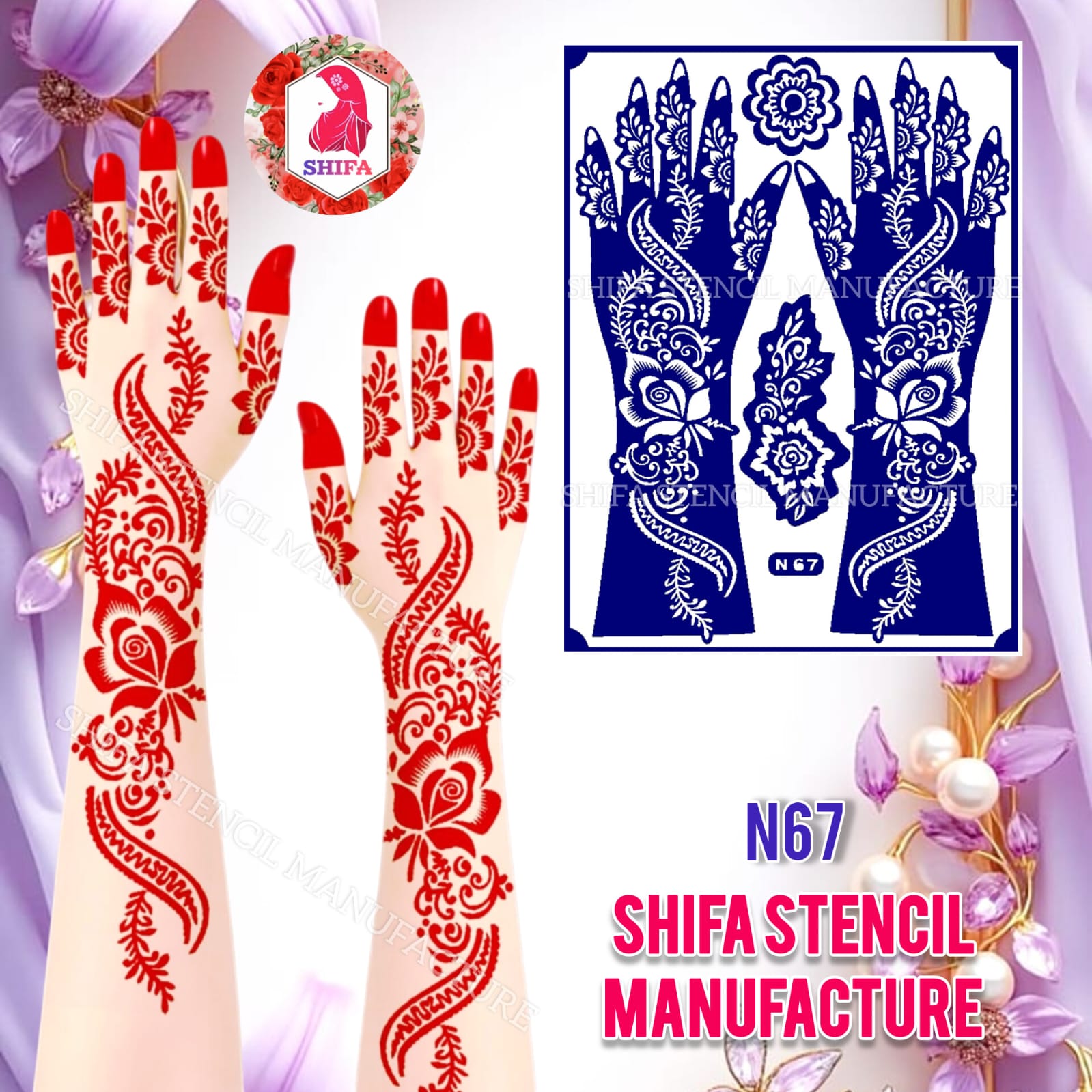 N67 Royal Blossom Veil Themed Sticker Overview Henna Stencil - Shifa Stencil